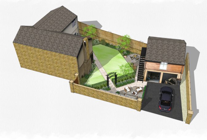 Contemporary garden with low maintenance structured planting &
out-door dining 